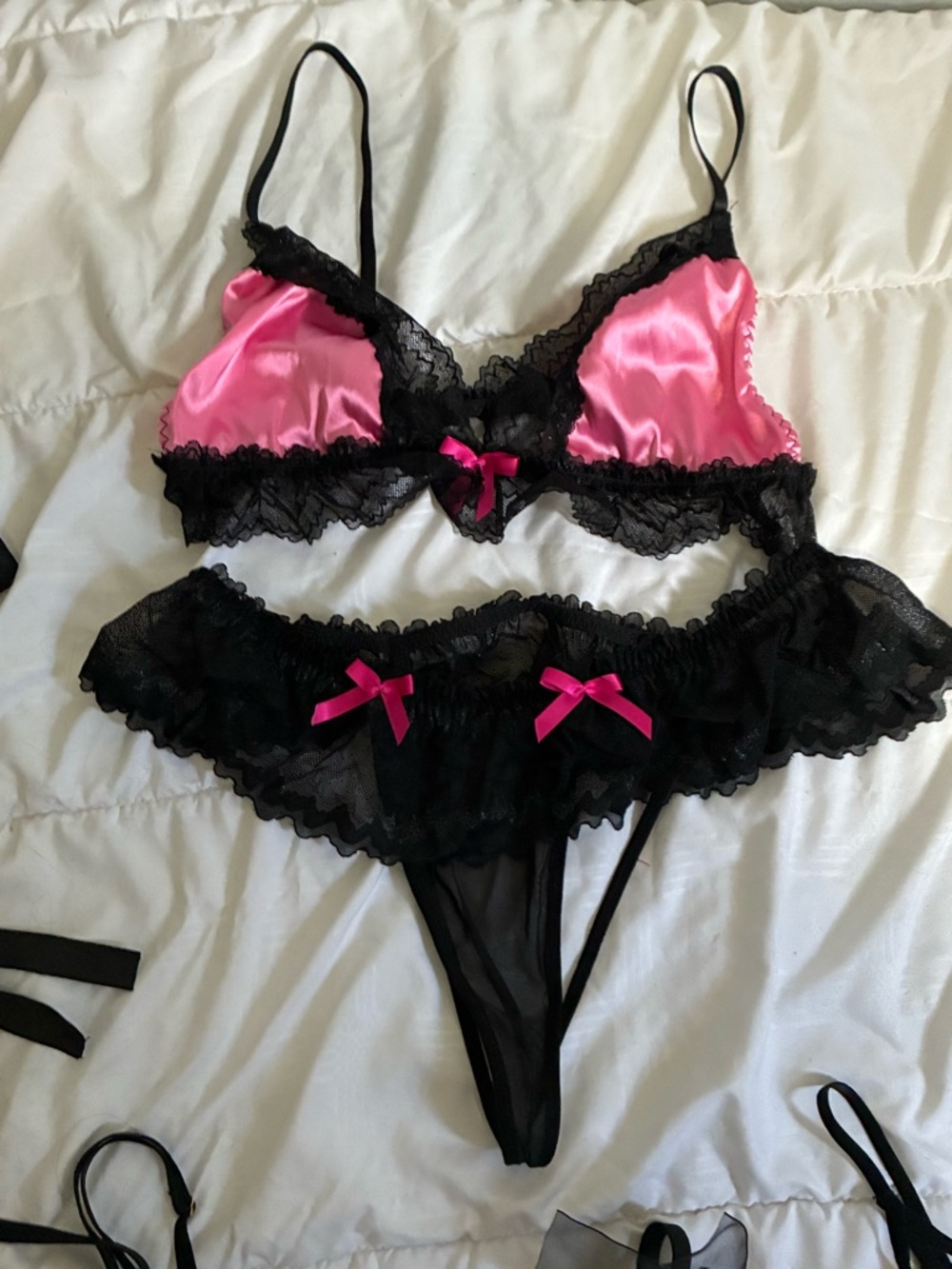 Pink & Black Lace Satin Bralette Set with Ribbon Accents